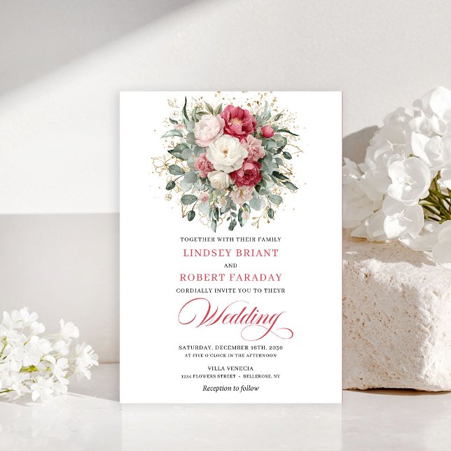 Convite Casamento Romântico Boêmio Vermelho Branco Verde D (Romantic Bohemian Red White Greenery Wedding Invitation)