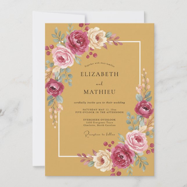 Convite Casamento Romântico Boho Amarelo Mostarda (Frente)