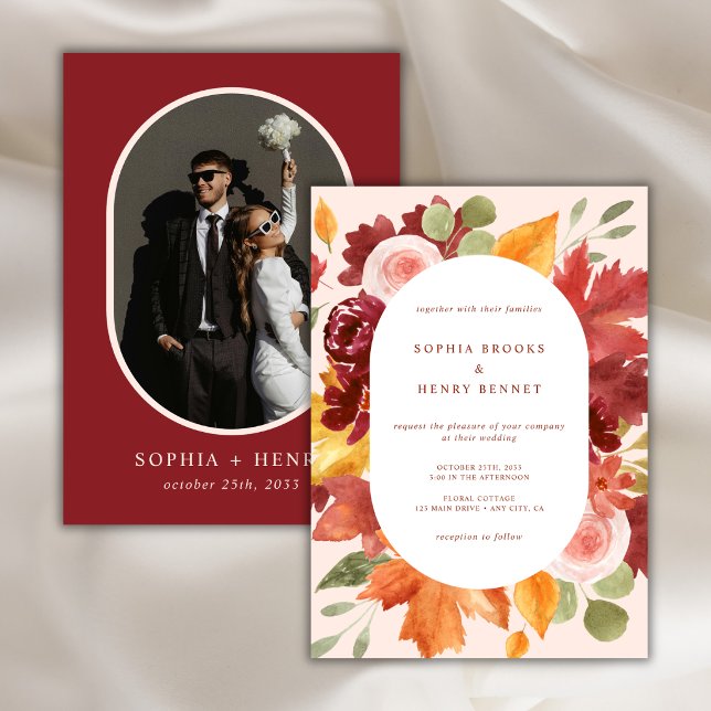 Convite Casamento Romântico Boho Floral Burgundy Foto (Criador carregado)