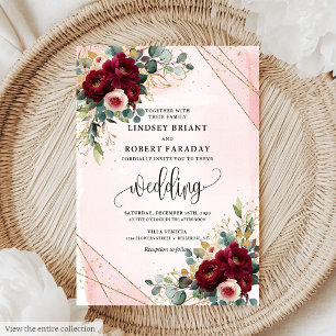 Convite Casamento Romântico Boho Maroon Dourado Flores