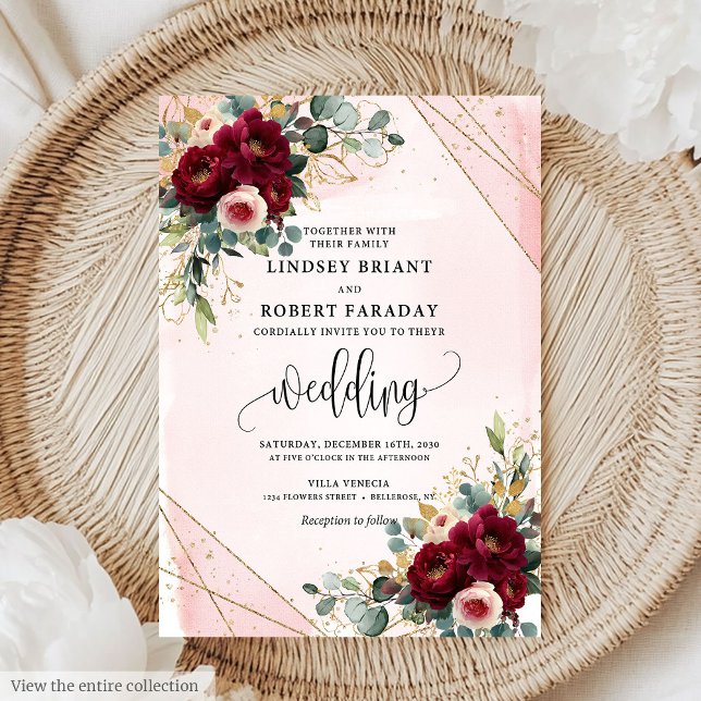 Convite Casamento Romântico Boho Maroon Dourado Flores (Romantic Boho Maroon Gold Blush Flowers Wedding Invitation )