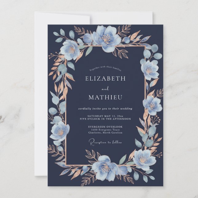 Convite Casamento Romântico Botânico Azul Claro (Frente)