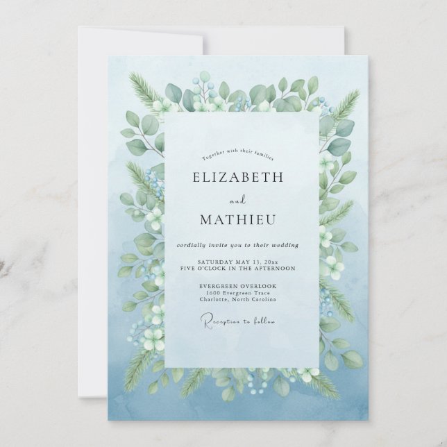 Convite Casamento Romântico Botânico Azul Claro (Frente)