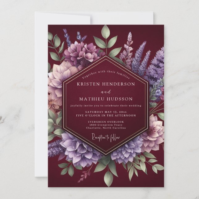 Convite Casamento Romântico Botânico Borgonha (Frente)