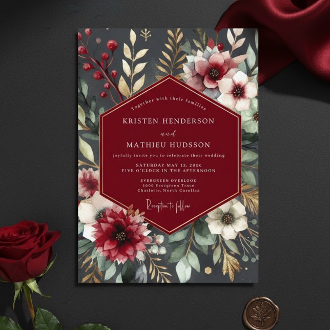 Convite Casamento Romântico Botânico Borgonha (Criador carregado)
