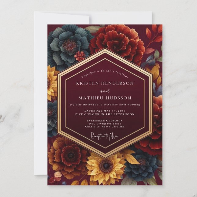 Convite Casamento Romântico Botânico Borgonha (Frente)