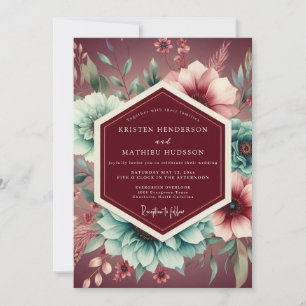 Convite Casamento Romântico Botânico Borgonha