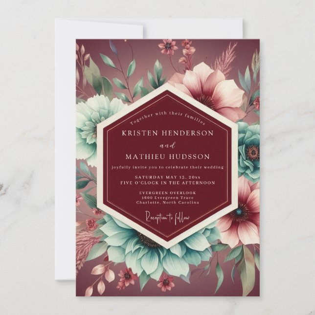 Convite Casamento Romântico Botânico Borgonha (Frente)