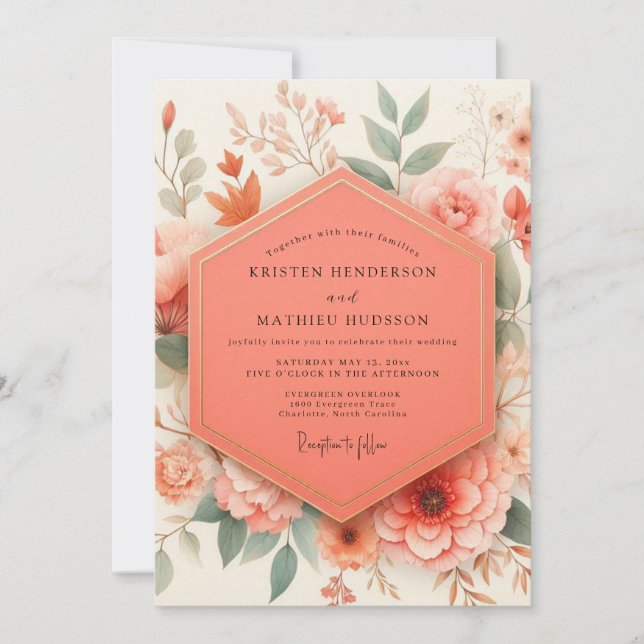Convite Casamento Romântico Botânico Coral (Frente)