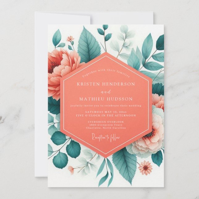 Convite Casamento Romântico Botânico Coral (Frente)