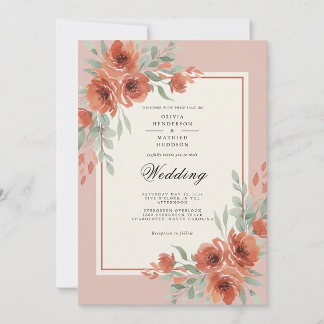 Convite Casamento Romântico Botânico Coral (Frente)