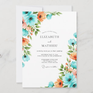 Convite Casamento Romântico Botânico Coral Aqua