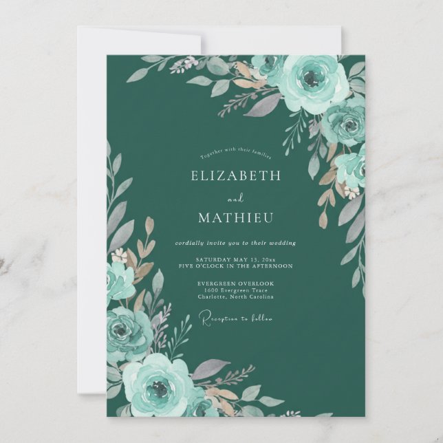 Convite Casamento Romântico Botânico em Flor Teal (Frente)