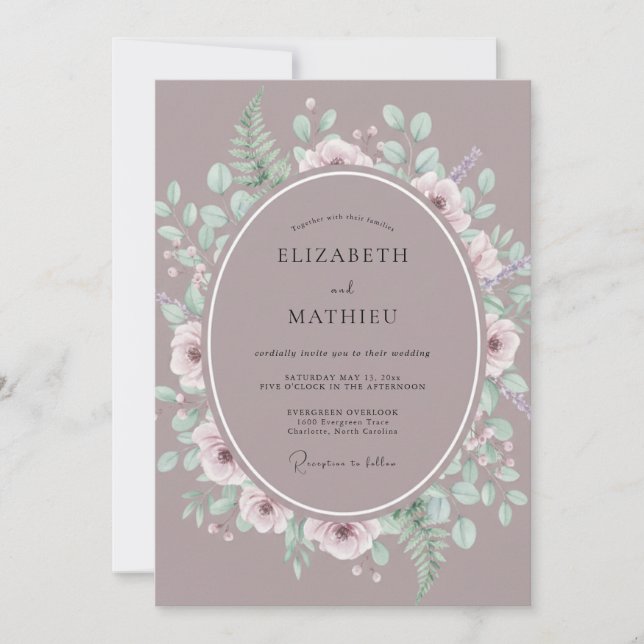 Convite Casamento Romântico Botânico Flor de Malva (Frente)