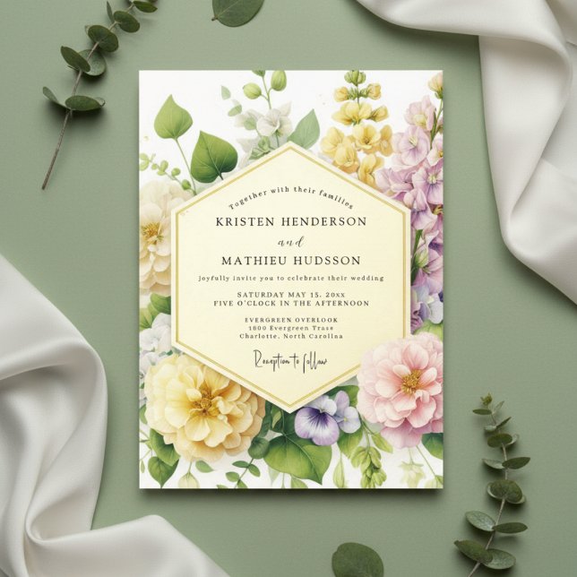 Convite Casamento Romântico Botânico Floral Amarelo (Criador carregado)