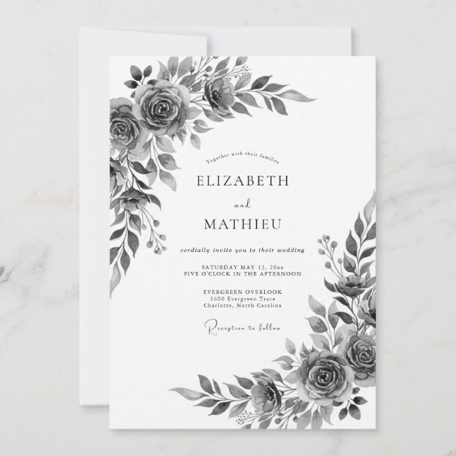 Convite Casamento Romântico Botânico Floral Cinza (Frente)