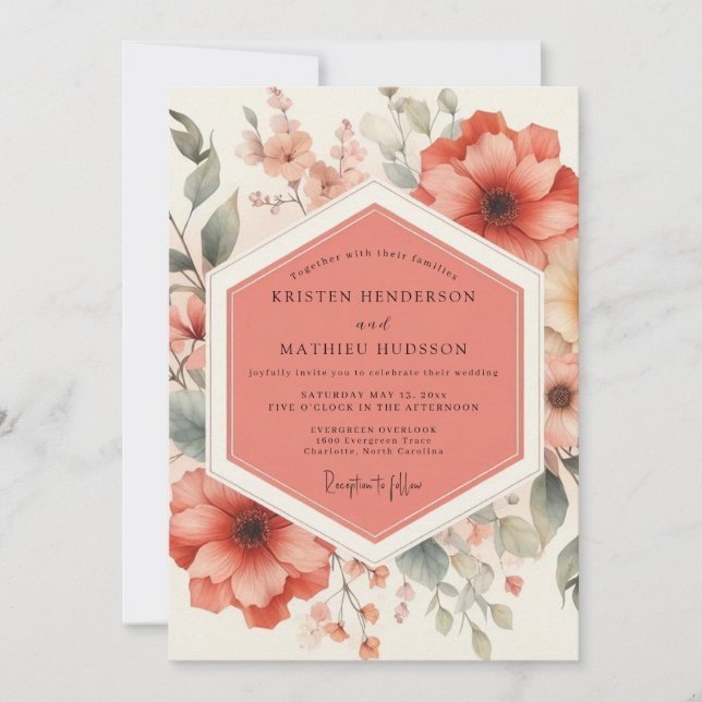 Convite Casamento Romântico Botânico Floral Coral (Frente)