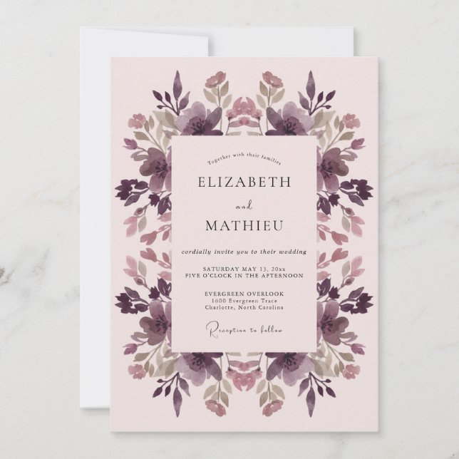Convite Casamento Romântico Botânico Floral de Ameixa (Frente)