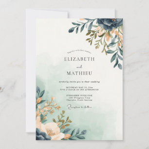Convite Casamento Romântico Botânico Floral Marinho