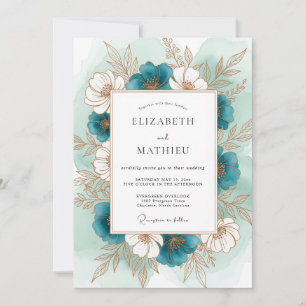 Convite Casamento Romântico Botânico Floral Turquesa
