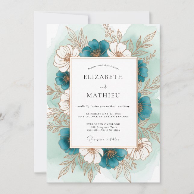 Convite Casamento Romântico Botânico Floral Turquesa (Frente)