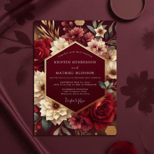 Convite Casamento Romântico Botânico Luxuoso Borgonha