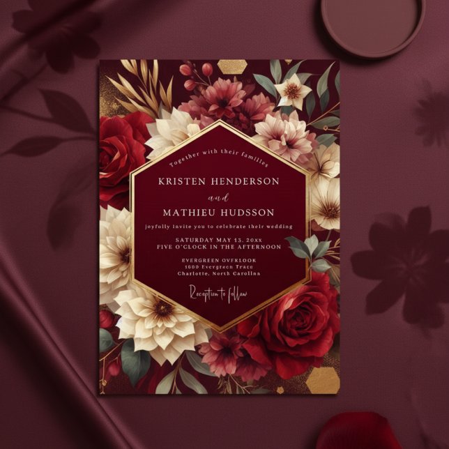 Convite Casamento Romântico Botânico Luxuoso Borgonha (Criador carregado)