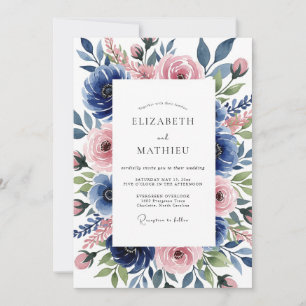 Convite Casamento Romântico Botânico Rosa Azul