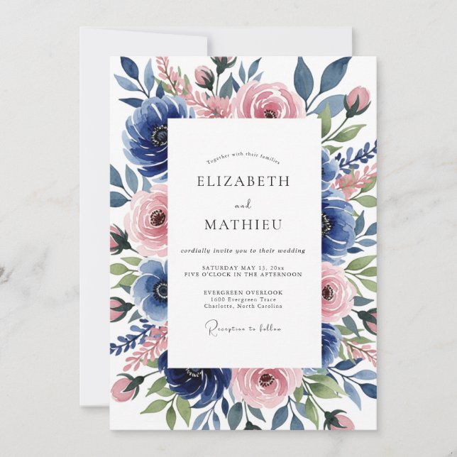 Convite Casamento Romântico Botânico Rosa Azul (Frente)