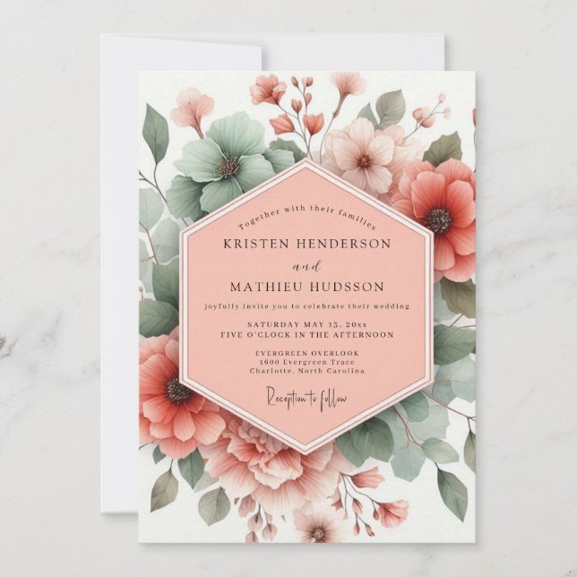 Convite Casamento Romântico Botânico Rosa Empoeirado (Frente)