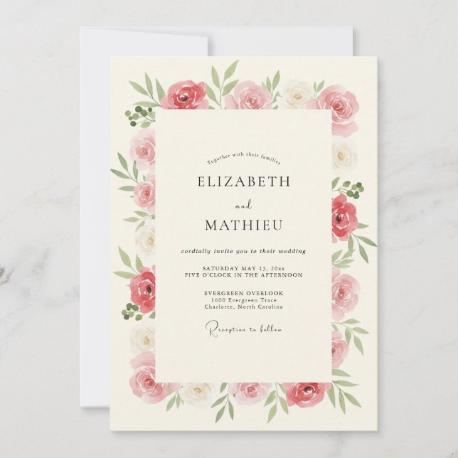 Convite Casamento Romântico Botânico Rosa Rosa (Frente)