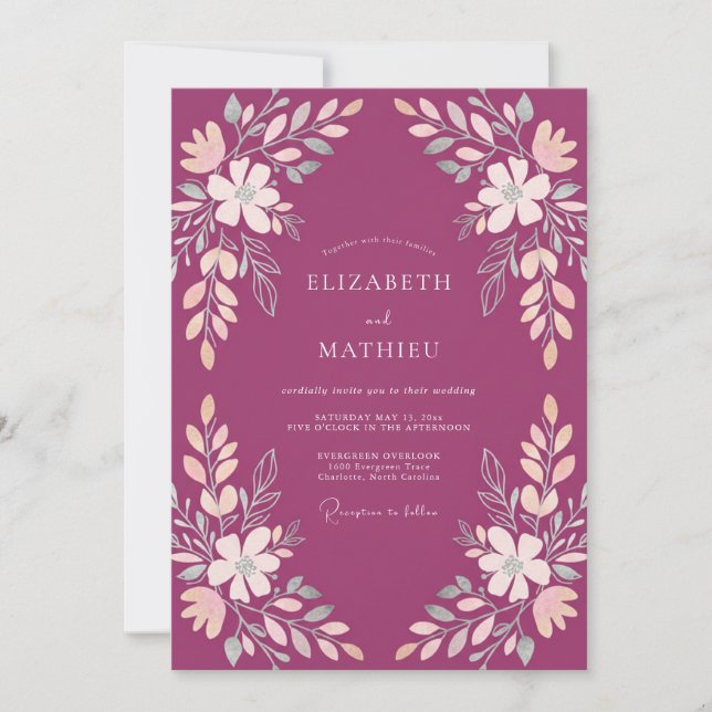 Convite Casamento Romântico Botânico Soft Magenta (Frente)