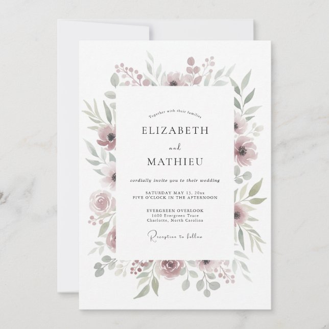 Convite Casamento Romântico Botânico Suave Malva (Frente)