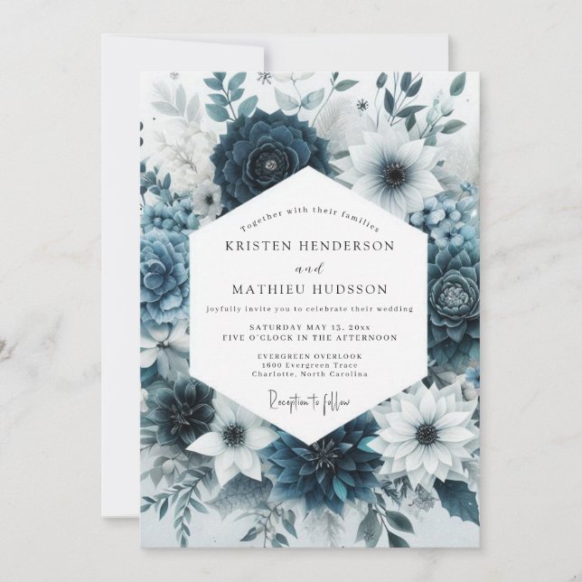 Convite Casamento Romântico Botânico Teal Bloom (Frente)