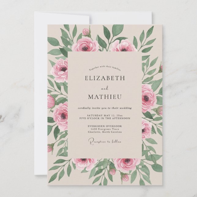 Convite Casamento Romântico Botânico Verde Rosa (Frente)