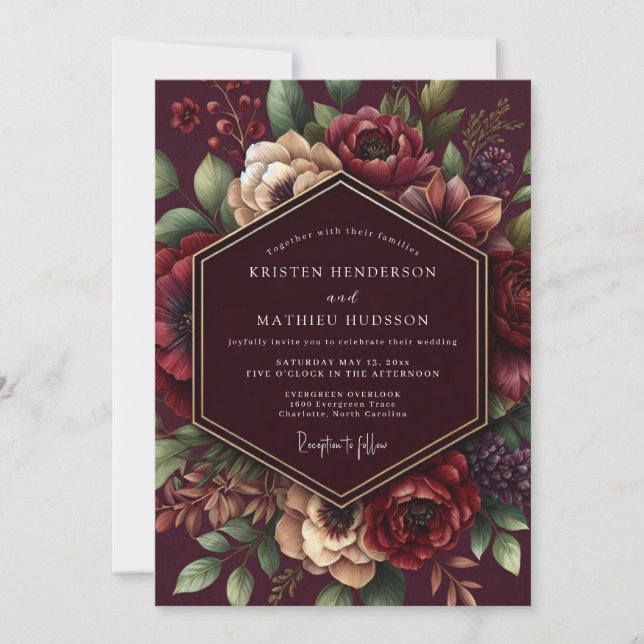 Convite Casamento Romântico Burgundy Bloom (Frente)