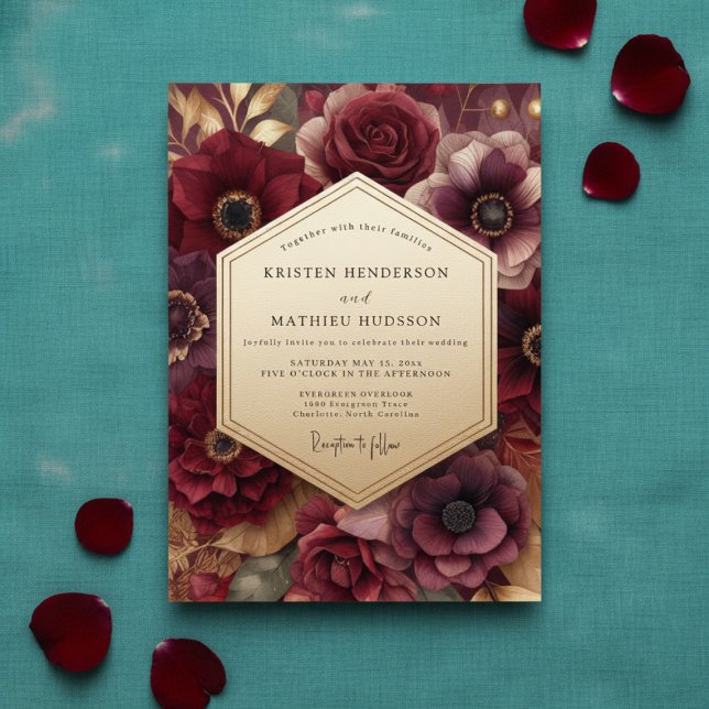 Convite Casamento Romântico Burgundy Bloom (Criador carregado)