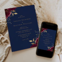 Casamento Romântico Burgundy Dourado Floral Azul-N