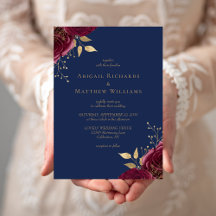 Casamento Romântico Burgundy Dourado Floral Azul-N