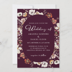 Convite Casamento Romântico Burgundy Flores Silvestres Boê