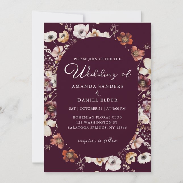 Convite Casamento Romântico Burgundy Flores Silvestres Boê (Frente)