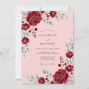 Convite Casamento Romântico Burgundy Florescente