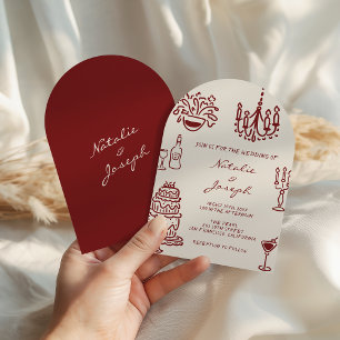 Convite Casamento Romântico Caprichoso Borgonha Arqueado