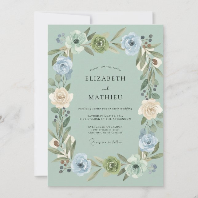 Convite Casamento Romântico Celadon Peony (Frente)