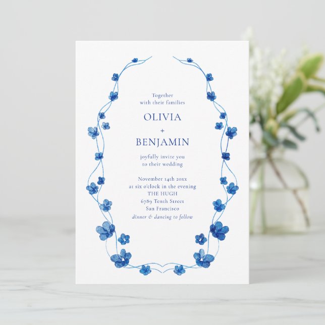 Convite Casamento Romântico Clássico Floral Azul (Em pé/Frente)