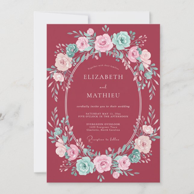 Convite Casamento Romântico com Acento Floral Borgonha (Frente)