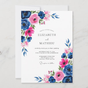 Convite Casamento Romântico com Aguarela Fuchsia Marinho