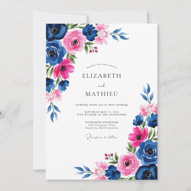 Convite Casamento Romântico com Aguarela Fuchsia Marinho (Frente)