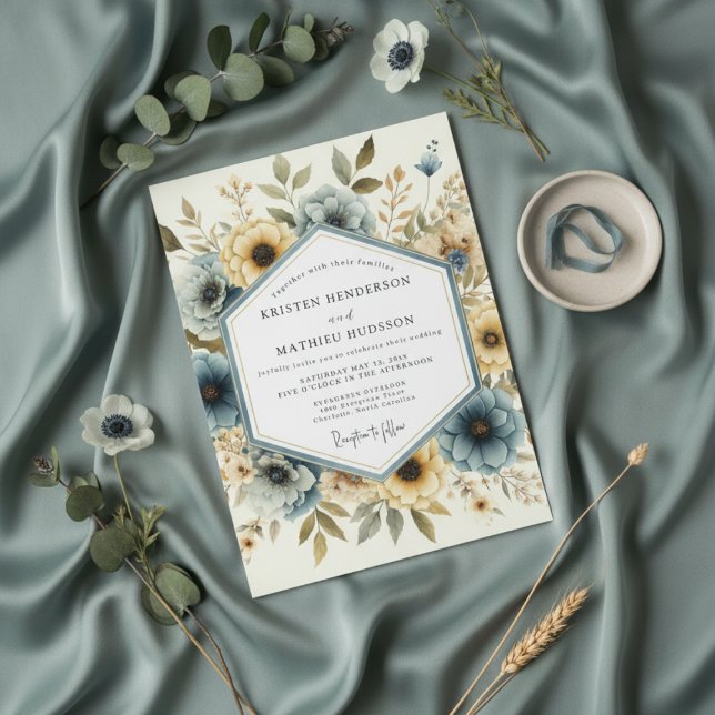 Convite Casamento Romântico com Anêmona Azul Empoeirada (Criador carregado)