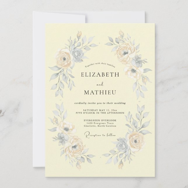 Convite Casamento Romântico com Aquarela Amarela Pálida (Frente)